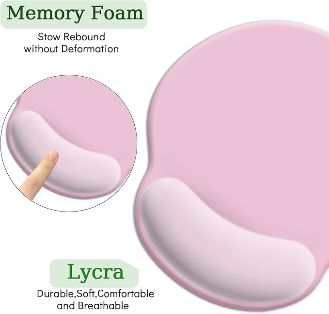 Pink Ergonomic Mouse Pad with Wrist Rest, Gaming Mousepad Gel Wrist Support with Non-Slip Pain Relief PU Base, Comfortable Computer Mouse Pads for Desk, Pink Office Desk Accessories Decor