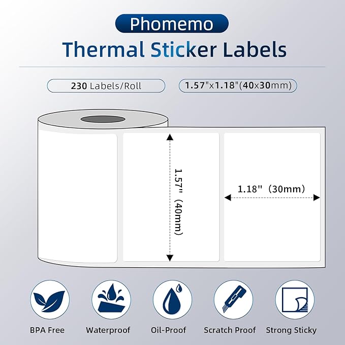 Phomemo Multi-Purpose Self-Adhesive Label for M120/M110/M220/M221/M150/M250 Label Maker,1.57'' x 1.18'' (40x30mm), 230Labels/Roll, for Barcode/Mailing/Logo/Address/Business/Home Tag, Black on White