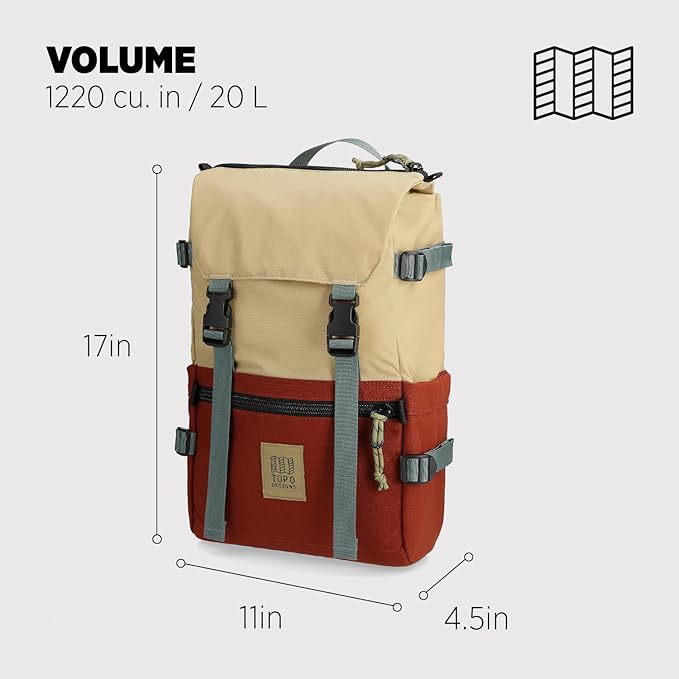 Topo Designs Rover Pack Classic - Daily Daypack for Commutes, Day Trips, Hikes, Iconic Denver Design, Recycled Nylon (Sahara/Fire Brick)