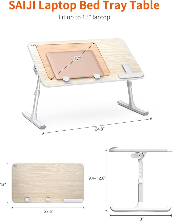 Laptop Desk for Bed, SAIJI Lap Desks Bed Trays for Eating Writing, Adjustable Computer Laptop Stand, Foldable Lap Table in Sofa and Couch（23.6 x 13Teak