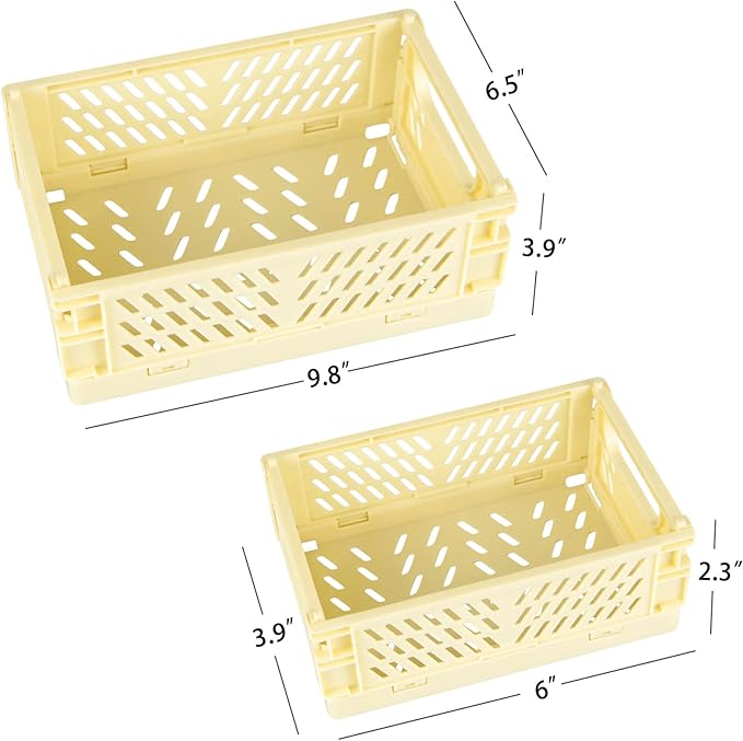 Tixill 2-Pack Mini Foldable Plastic Baskets for Organizing and Storage, Collapsible Storage Crate for Home Kitchen Bedroom Bathroom Office (5.9x3.8x2.2, Yellow)