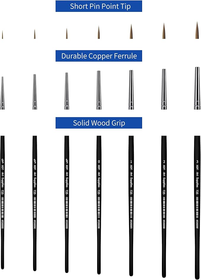 XDT#725 Fine Detail Brushes 7pcs Set, Detail Paint Brushes for Acrylic, Oil, Watercolor, Miniature Art, Body, Face, Craft Painting