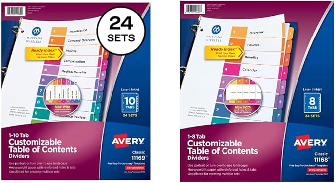 Avery 10-Tab Dividers for 3 Ring Binders, Customizable Table of Contents, Multicolor Tabs, 24 Sets (11169) & 8-Tab Dividers for 3 Ring Binders, Customizable Table of Contents, Multicolor Tabs