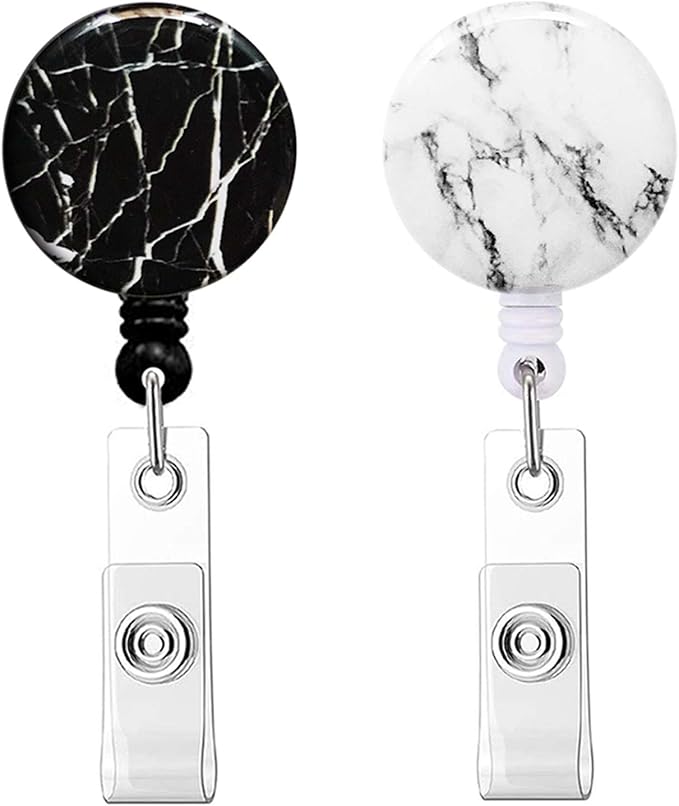Retractable Badge Reel, Badge Holder with Alligator Clip, Cute Badge Clip on ID Name Card Holders for Nurse Doctor and Office (Marble Black and White)