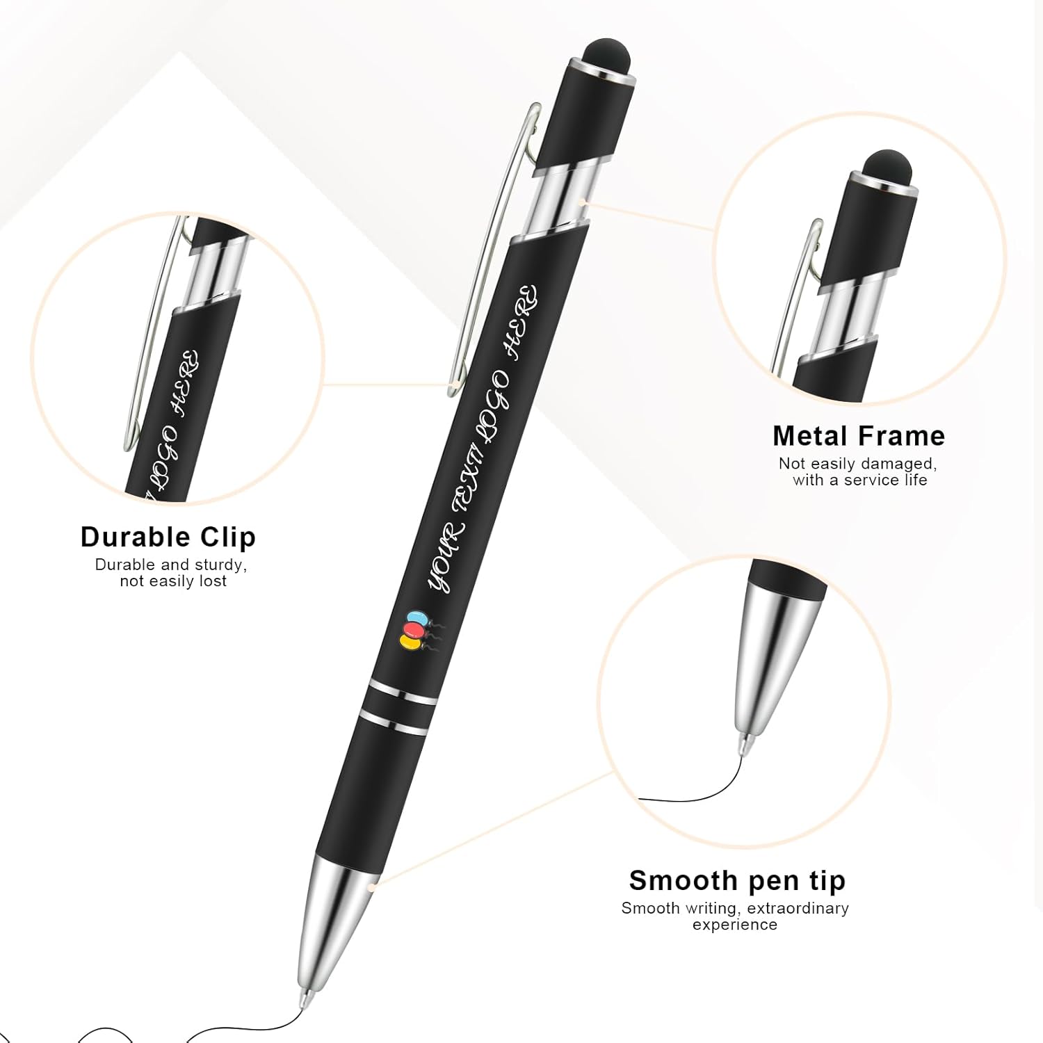 Personalized Pens 50pcs with Stylus Custom Ballpoint Pens in Bulk Engraved with Logo Text Personalized Bulk Black Ink for Office College Business