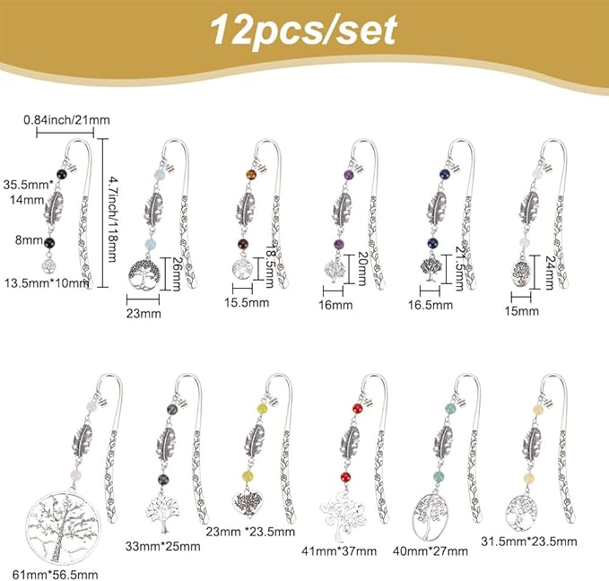 12pcs Tree of Life Bookmarks, Metal Crystal Bookmarks Vintage Gemstone Beading Bookmarks Alloy Leaf Book Markers for Reading Book Lovers Teacher's Day Delicate Gifts
