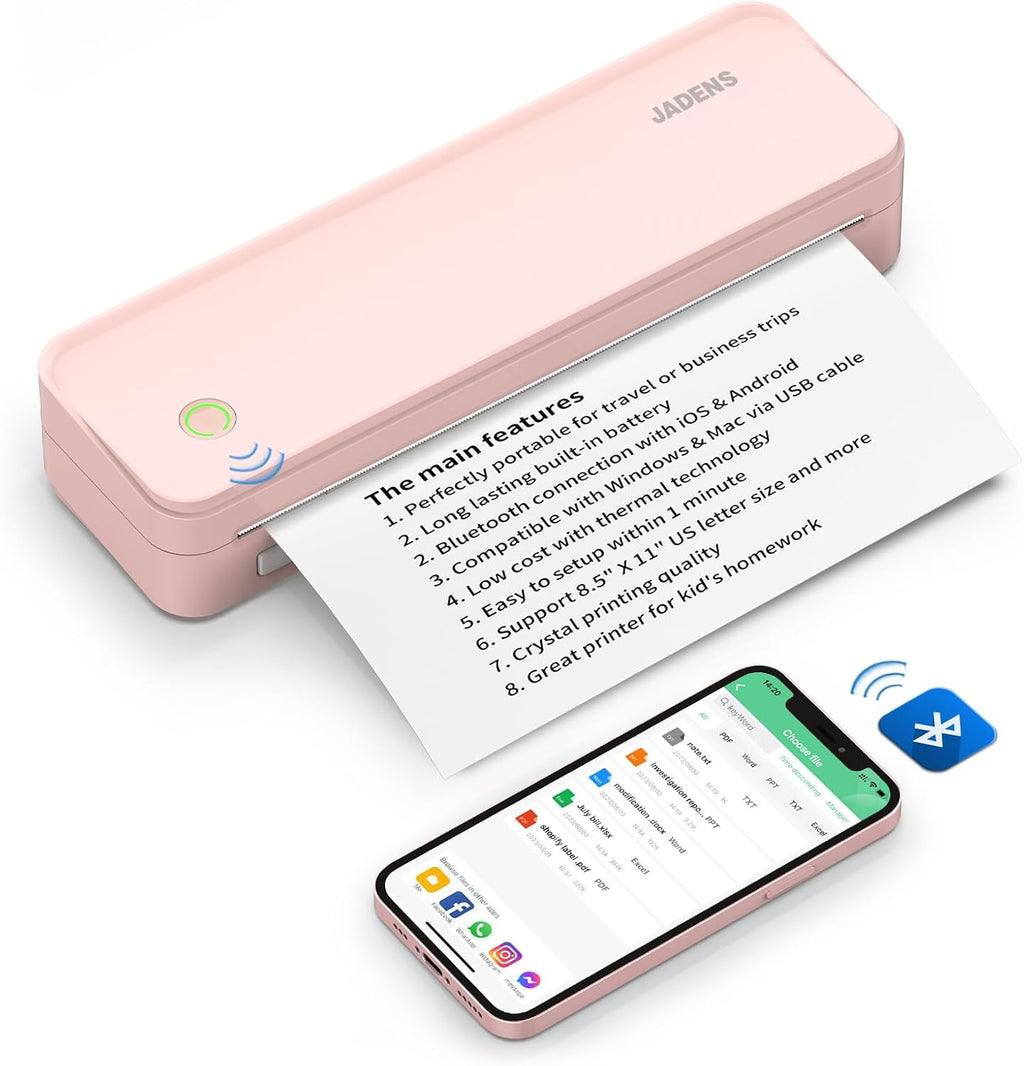 JADENS Pink Bluetooth Thermal Printer, Support 8.5" X 11" US Letter, Portable Printers Wireless for Travel, Inkless Printer Compatible with iOS, Android, Mobile Printer for Home, Office, School