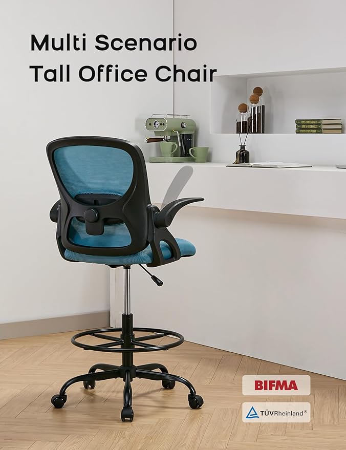 Drafting Chair Tall Office Chair with Flip-up Armrests Ergonomic Computer Standing Desk Chair with Comfy Lumbar Support and Adjustable Footrest Ring for Bar Height Desk(Black-Blue)