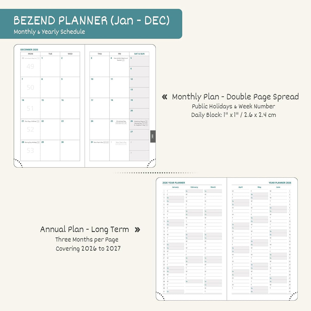 BEZEND Pocket Calendar 2026 Weekly and Monthly (3.5" x 6") Small Daily Planner for Purse (Jan-Dec) with Notes & Expenses, Inner Pocket, Pen Holder, Vegan Leather Hardcover - Mint Green