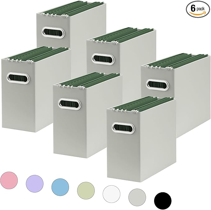 Oterri File Organizer, Small Storage Box, Cardboard File Folder Organizer, Collapsible File Box, Hanging File Organizer for Letter Size, Portable File Box with Handle, Only Box (Grey, 6 Packs)