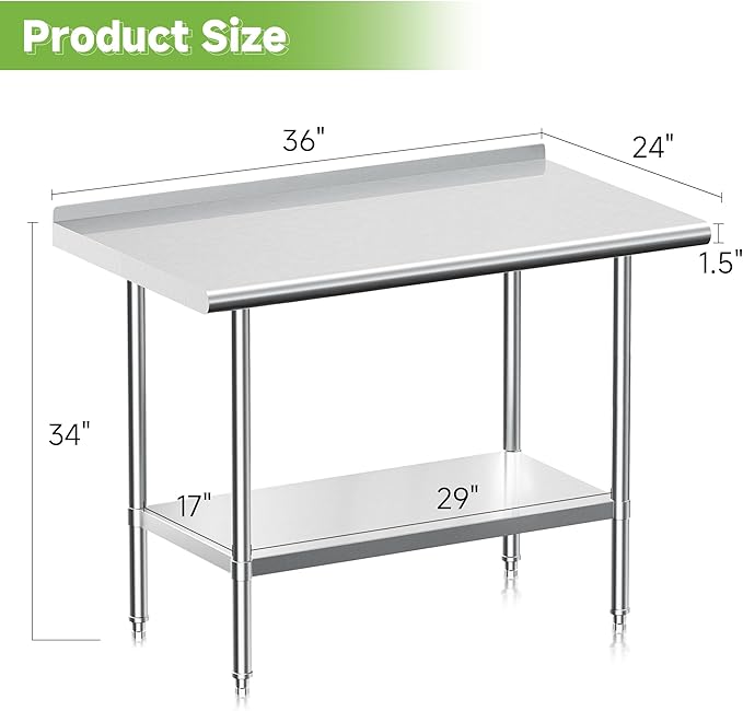 Real Relax Stainless Steel Table with Backsplash, NSF Commercial Heavy Duty Stainless Steel Table for Prep with Adjustable Undershelf, for Indoor & Outdoor- 24" D x 36" W x 34" H