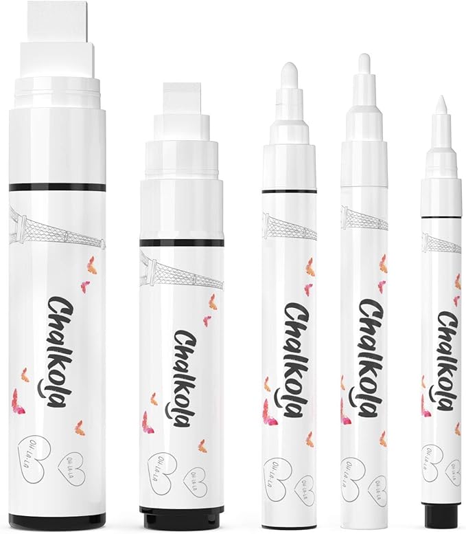 Chalkola 5 White Chalk Markers for Chalkboard Signs, Blackboard, Car Window, Bistro, Glass | 5 Variety Pack - Thin, Fine Tip, Bold & Jumbo Size Erasable Liquid Chalk Pens (1mm, 3mm, 6mm, 10mm, 15mm)