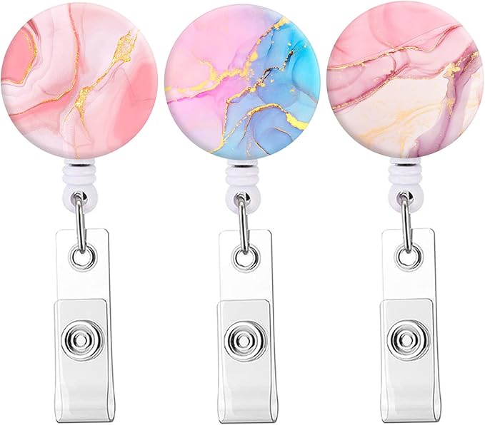 Retractable Badge Reel Clip, Badge Holder with Alligator Clip, Cute Badge Clip on ID Name Card Holders for Nurse Doctor and Office (3Pack Marble Purple & Pink)