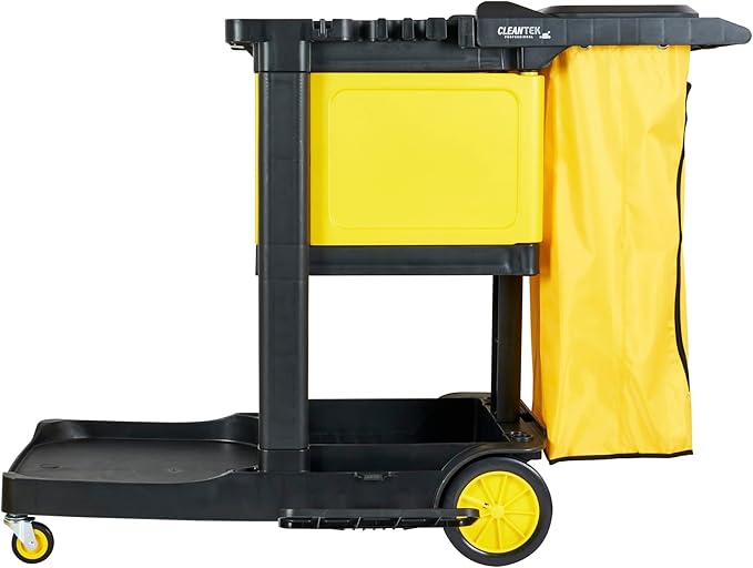 Restaurantware-Clean Tek Professional 3-Shelf Janitor Cart with Wheels, 1 Cleaning Trolley with Cover and 21 Gallon Bag - Includes 1 Single Locking Cabinet, Heavy-Duty, Gray Plastic Janitorial Cart