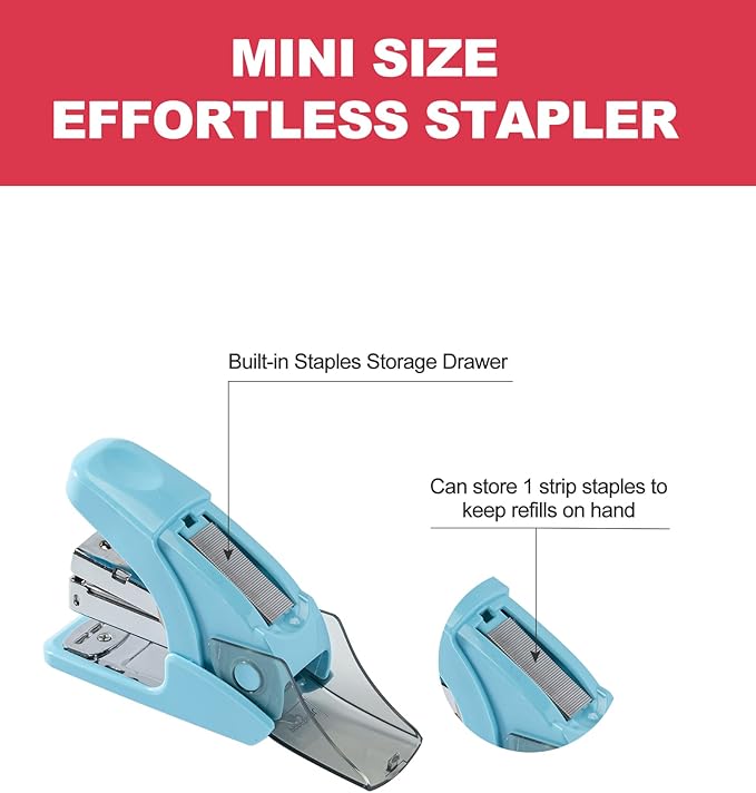 PAPERPAL Effortless Mini Stapler Set, 20 Sheet Capacity, Integrated Remover & Staple Storage, Holds 1/4" Staples, Includes 1000 Staples, Lightweight, Office, School & Daily Use, Light Blue