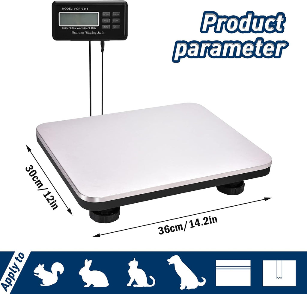 Shipping Scale 660lbs LCD Digital Postal Scale, Stainless Heavy Duty Postage Scale for Packages, 300kg Capacity Platform Scale for Shipping Weighing（14"X 12"）