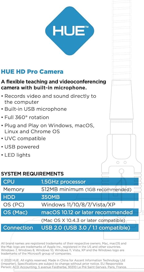 HUE HD Pro Flexible USB Video and Document Camera/Visualiser (Black Camera with Black Carry Case)