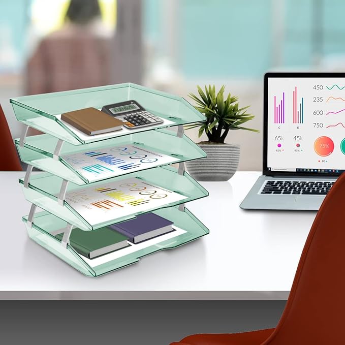 Acrimet 4 Tier Side Load Letter Tray Facility, Desktop File Organizer, A4 Letter Size Paper Organizer, Minimalist Storage Solution Paper Tray for Office, Home, Classroom (Plastic, Clear Green Color)