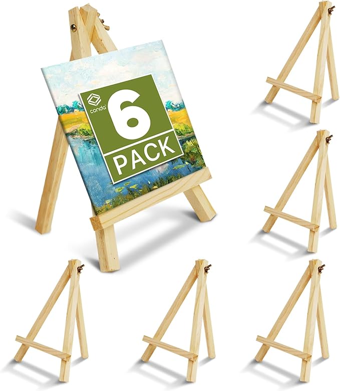 CONDA 6 Pack 9 Inch Wood Easels, Easel Stand for Painting Canvases, Art, and Crafts,Tripod,Painting Party Easel,Kids Student Tabletop Easels for Painting,Portable A-Frame Tripod Tabletop Easel Set