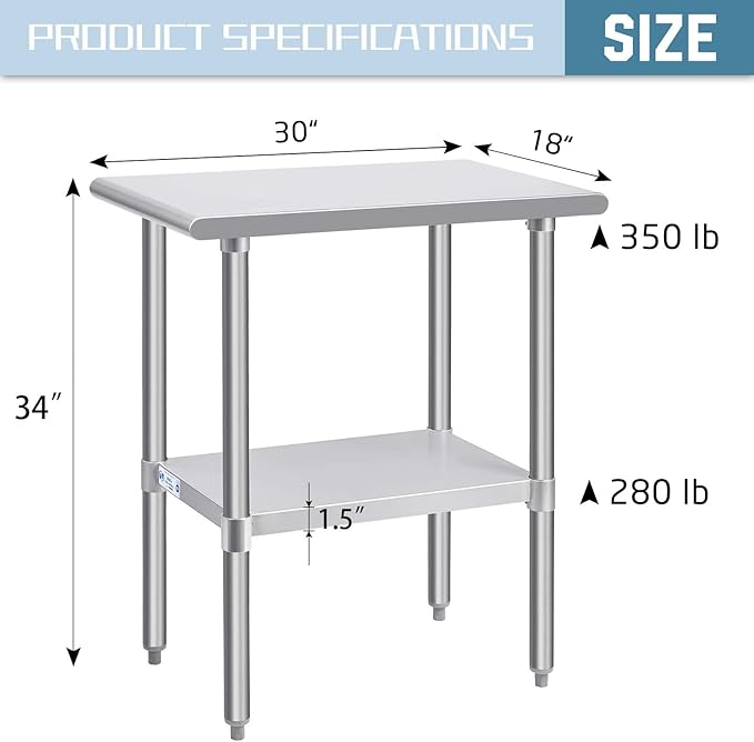 Hally Stainless Steel Table for Prep & Work 30 x 18 Inches, NSF Commercial Heavy Duty Table with Undershelf and Galvanized Legs for Restaurant, Home and Hotel