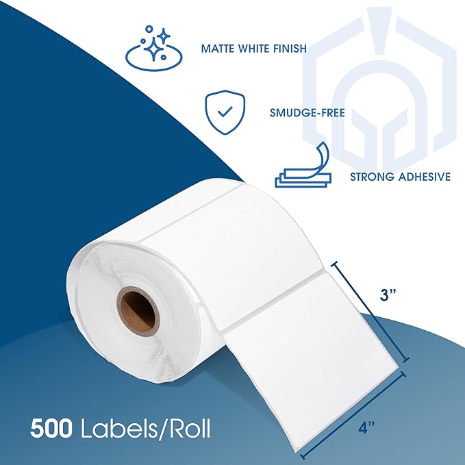 Spartan Industrial - 4" X 3" Direct Thermal Shipping, Postage, Mail Labels Compatible with Rollo, Zebra, and Other Desktop Label Printers (10 Rolls, 500/Roll)
