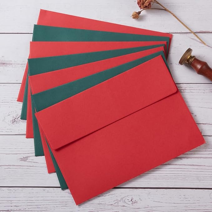 Wishop 100 Pack Christmas A7 Envelopes Self-Adhesive 5x7 Envelopes for Invitations, 5x7 Greeting Cards (Christmas Green/Red, 5.24 x 7.21 Inches)