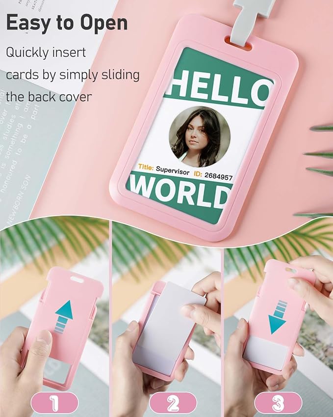 Uniclife 1 Pack Sliding ID Badge Holder Pink Hard Vertical Plastic Card Case Protector Pouch with Clear Window for Office School ID Credit Cards Proximity Key Cards Driver’s Licenses and Passes
