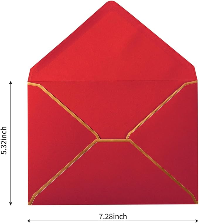 50 Pack A7 Envelopes Red 5 x 7 Self-Adhesive V Flap Envelopes with Gold Border for Office, Greeting Card, Wedding, Graduation, Baby Shower, Parties, Invitations (Red, 5x7)