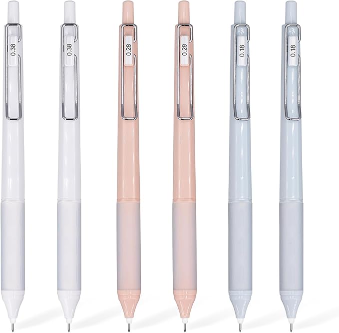 6pcs Gel Pen set, Black Ink Pens 0.18mm /0.28mm / 0.38mm Ultra Fine point Smooth Writing Pens with Silicone Grip, Retractable Cute Pens for Journaling NoteTaking sketching drawing stationery