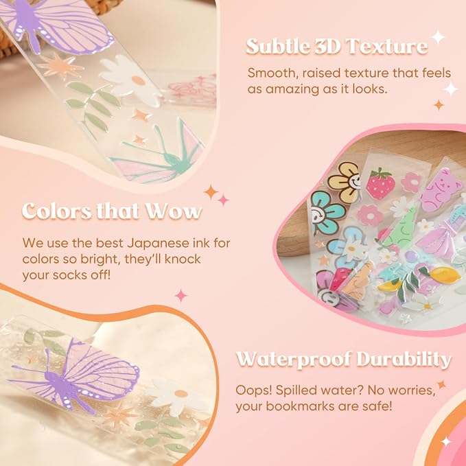 48PCS Bookmark Making Kit, 24 Acrylic Bookmark Blanks with 24Pcs Tassels, 24 UV Stickers about Fruit Theme, DIY Blank Bookmarks Waterproof UV DTF Transfers Stickers for Clear Bookmarks DIY Projects