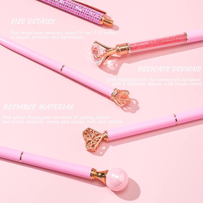 10 Pcs ballpoint pens for journaling,Metal Crystal Diamond pink Pen Glitter,Black Ink Pretty Cute Fancy Pens Gifts for Women Girls Wedding Birthday School Office Desk