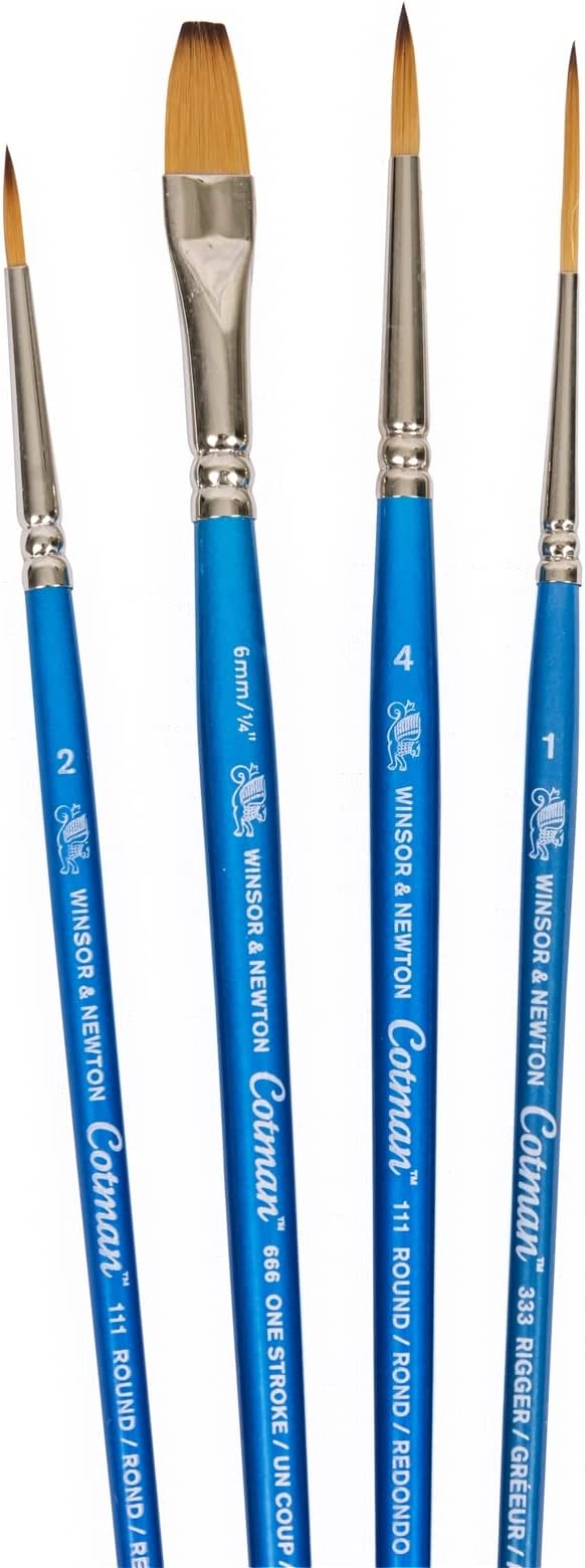 Winsor & Newton Cotman Short Handle Brushes, Set of 4, (Round 2 & 4, Rigger 1, One Stroke 1/4")