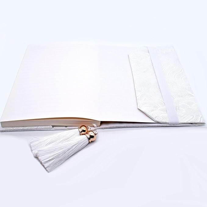 BLBMH Chinese Book Covers with Tassel Bookmark Book Cover Adjustable Book Sleeve Cover for A5 Books Embroidered Brocade Softcover Protector for Notebook Planner Bible - White