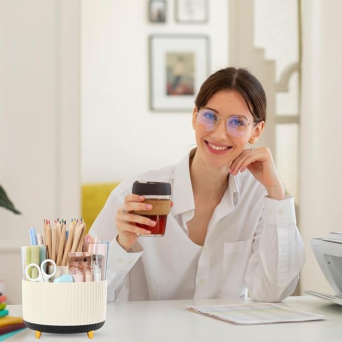 SKYDUE 360 Degree Rotating Desk Organizer, Dual-Purpose Pencil Pen Holder for Desk, Rotating Desk Pen Organizer with 5 Slots, Pencil Cup for Office, School, Home (Beige-Black)