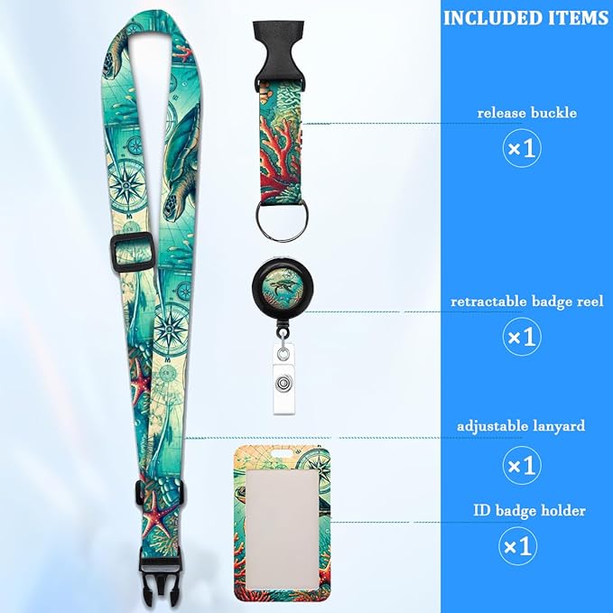 Sea Turtle Lanyard with Retractable Badge Reel and ID Badge Holder, Adjustable Lanyard Badge Nature Lovers, Teachers, Nurses, and Professionals