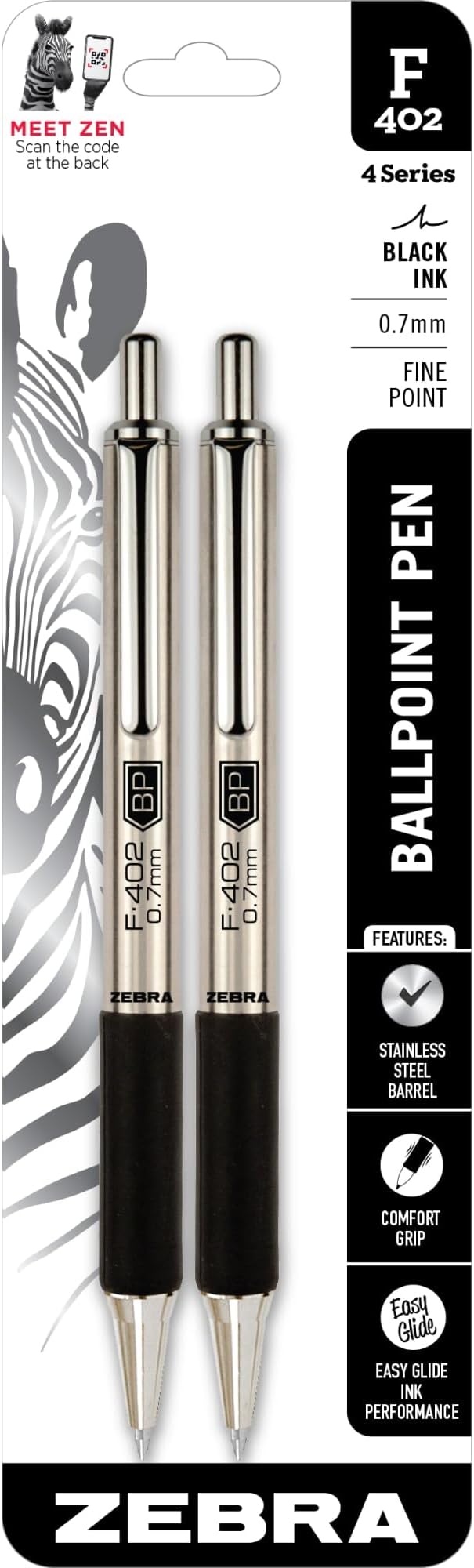 Zebra Pen F-402 Retractable Ballpoint Pen, Stainless Steel Barrel, Fine Point, 0.7mm, Black Ink, 2-Pack