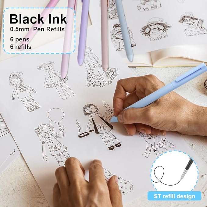 AUAUY 6PCS Gel Pens, Retractable Quick Dry Gel Ink Pen, Pens for Journaling with 6 Refill, Cute Pens, Smooth Writing Pens, 0.5mm Black Ink Pens, Office School Supplies Gifts for Women & Men (Morandi)