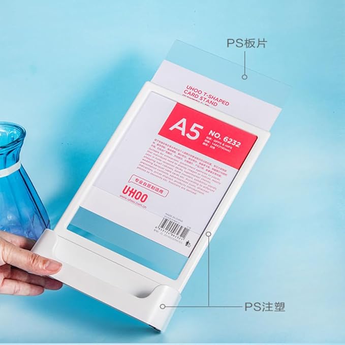ABS Plastic Sign Holder, Menu Displays T Shape Sign Stand with Business Card Holder, Plastic Display Stand for Ads, Menu, Photos, Business Card (White A4 210×297mm/8.27×11.69 inches)