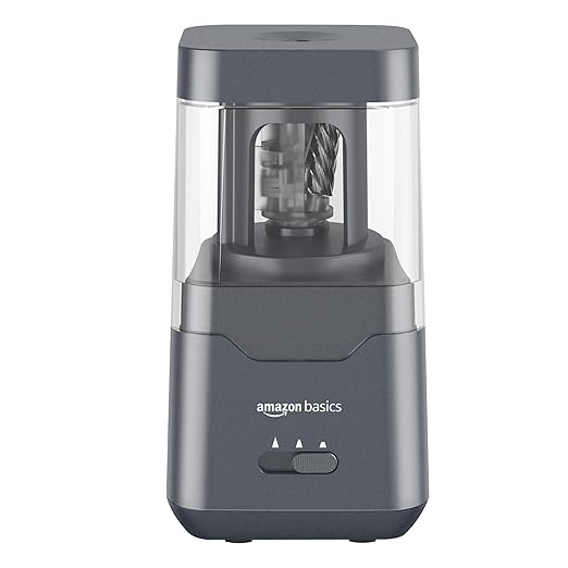 Amazon Basics Portable Electric Pencil Sharpener, Helical Blade, Auto Stop, Battery/USB Cord Operated, Black, 2.87 x 2.87 x 5.3 in