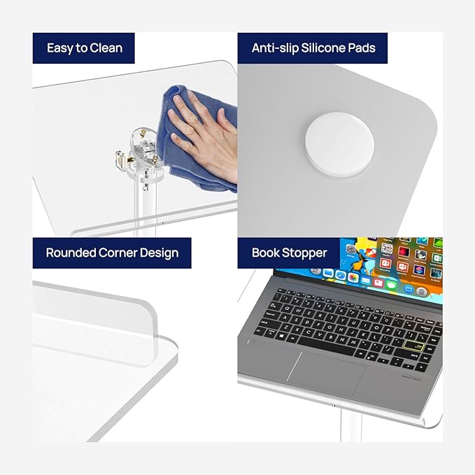 HMYHUM Small Acrylic Podium Stand, Angle Adjustable, 17.7" L x 13" W x 42.3" H, Modern Lecterns & Pulpits for Classroom, Concert, Church, Speech, Easy Assembly, Metal Base, Clear