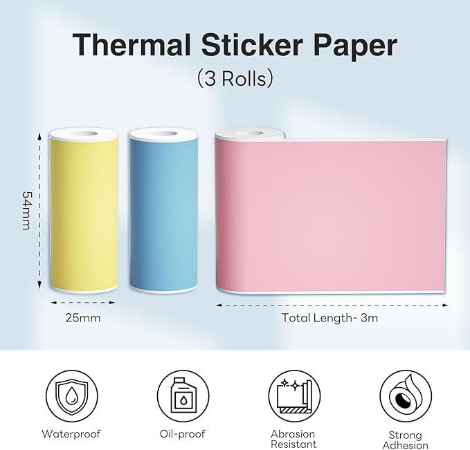 Thermal Paper Self-Adhesive Sticker Paper, Black on Pink/Blue/Yellow 57 x 25mm, 3-Rolls for Texts Notes Journal Photo and Notebuddy