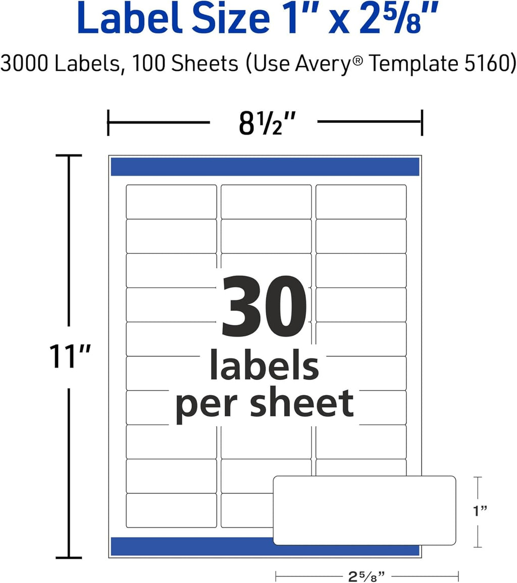 Avery Easy Peel Printable Address Labels with Sure Feed, 1" x 2-5/8" Customizable Stickers, White, 3,000 Blank Mailing Labels, Great for Mailing, Shipping, and More (5160)