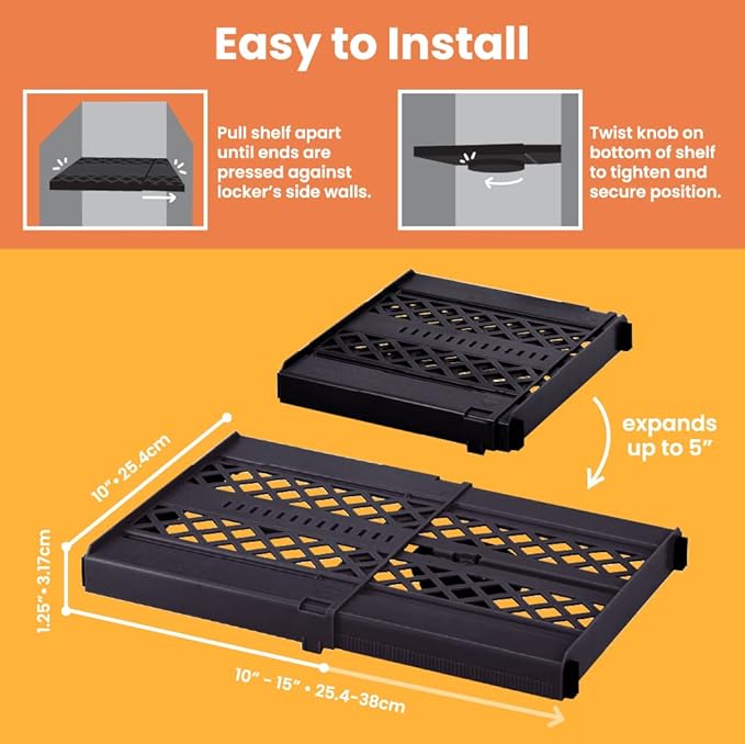 LockerMate Adjust-A-Shelf Locker Shelf, Easy to Use, Extends to Fit Your Locker, Black