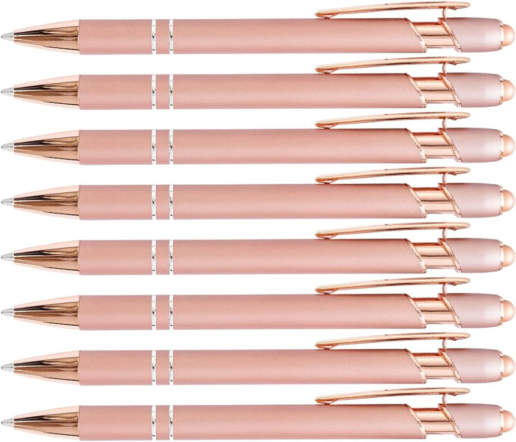 PASISIBICK 8 Pack Rose Gold Ballpoint Pen 2-in-1 Stylus Retractable Metal Stylus Pen for Touch Screens with Stylus tip, 1.0 mm Black Ink（8 PCS Rose Gold）