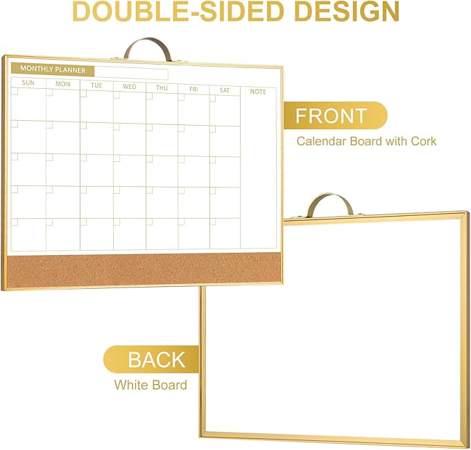 ARCOBIS Dry Erase Calendar with Cork Board for Wall, 12"x16" Magnetic Monthly Calendar Whiteboard with Gold Frame, Double-Sided Planner & White Board for Home, Office, School