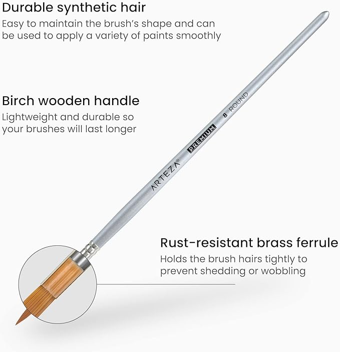 ARTEZA Watercolor Paint Brushes, Set of 5, Assorted Shapes, Synthetic Soft-Bristle Brushes