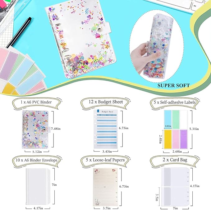 35 Pieces A6 Binder PVC Cover with 10 Clear Binder Pockets, Waterproof 6-Ring Budget Binder Envelopes System Budget Planner Organizer, Budget Sheets & Card Bags & Papers & Label for Cash Envelopes