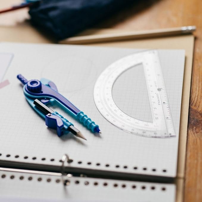 Fiskars Plastic Compass and Protractor Set - Math Geometry Set for Kids 8+ - Back to School Supplies - Includes Pencil - Color May Vary