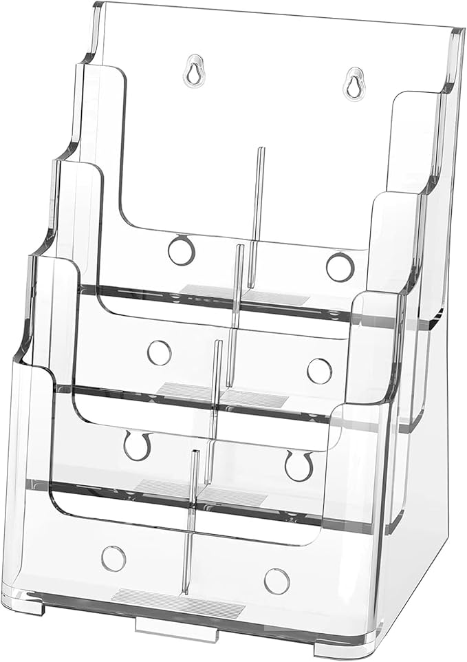 Acrylic Brochure Holder 8.5x11 & 4 x9 Inches, Clear 4 Tier Magazine Holder Brochure Display Stand w Removable Divider, Literature Pamphlet Flyer Holder for Wall Mount or Countertop