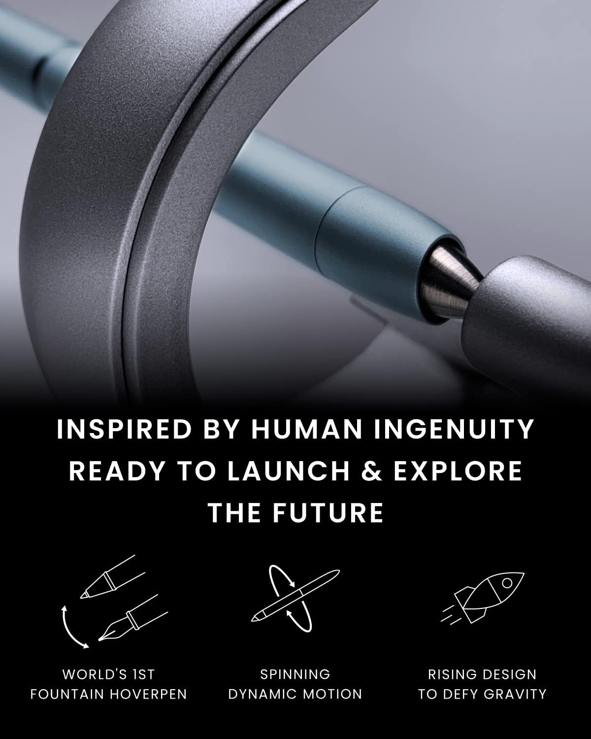 novium Hoverpen Future Edition - Luxury Metal Fountain Pen With Fine Nib, Aerospace Metal Made, Futuristic Aesthetic Desk, Free Spinning Executive, Signing Pen (Mist Blue)